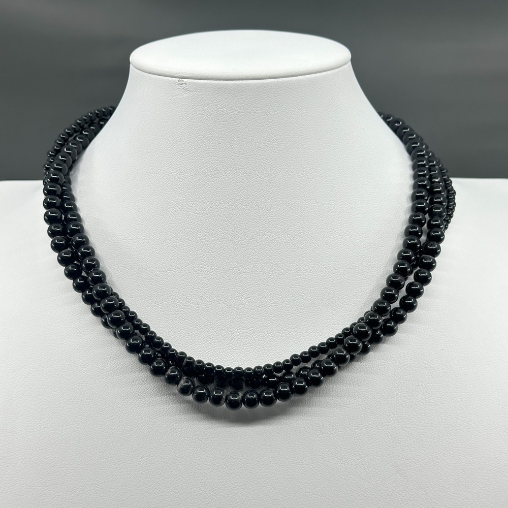 Black Triple Strand Beaded Necklace Glossy Round Beads Gothic Statement Jewelry